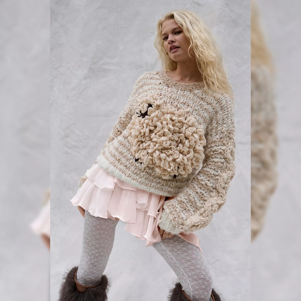 Free People Dream Of‎ Sheep Sweater In Cream Combo Women's Size Small